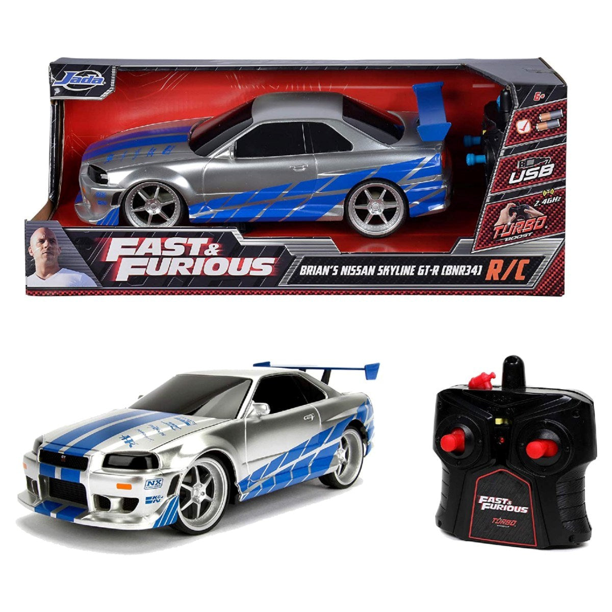 Jada 1:16 Brian's 2002 Nissan Skyline GT-R Uzaktan Kumandalı Araba | 2.4 Ghz USB Şarj 29 Cm BNR34 Turbo Modlu Fast & Furious 6+ Yaş ve Üzeri Çocuklar İçin