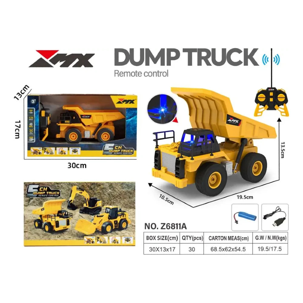 Mx 1:24 Dump Truck Uzaktan Kumandalı Damperli Kamyon | 40 Mhz USB Şarj Işıklı 5 Kanal Full Fonksiyon 15 Metre Mesafe 3+ Yaş ve Üzeri Çocuklar İçin